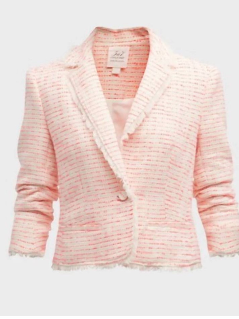 NWT! CINQ A SEPT tweed le petit khloe blazer in ivory/neon coral, size 12 - Picture 2 of 12